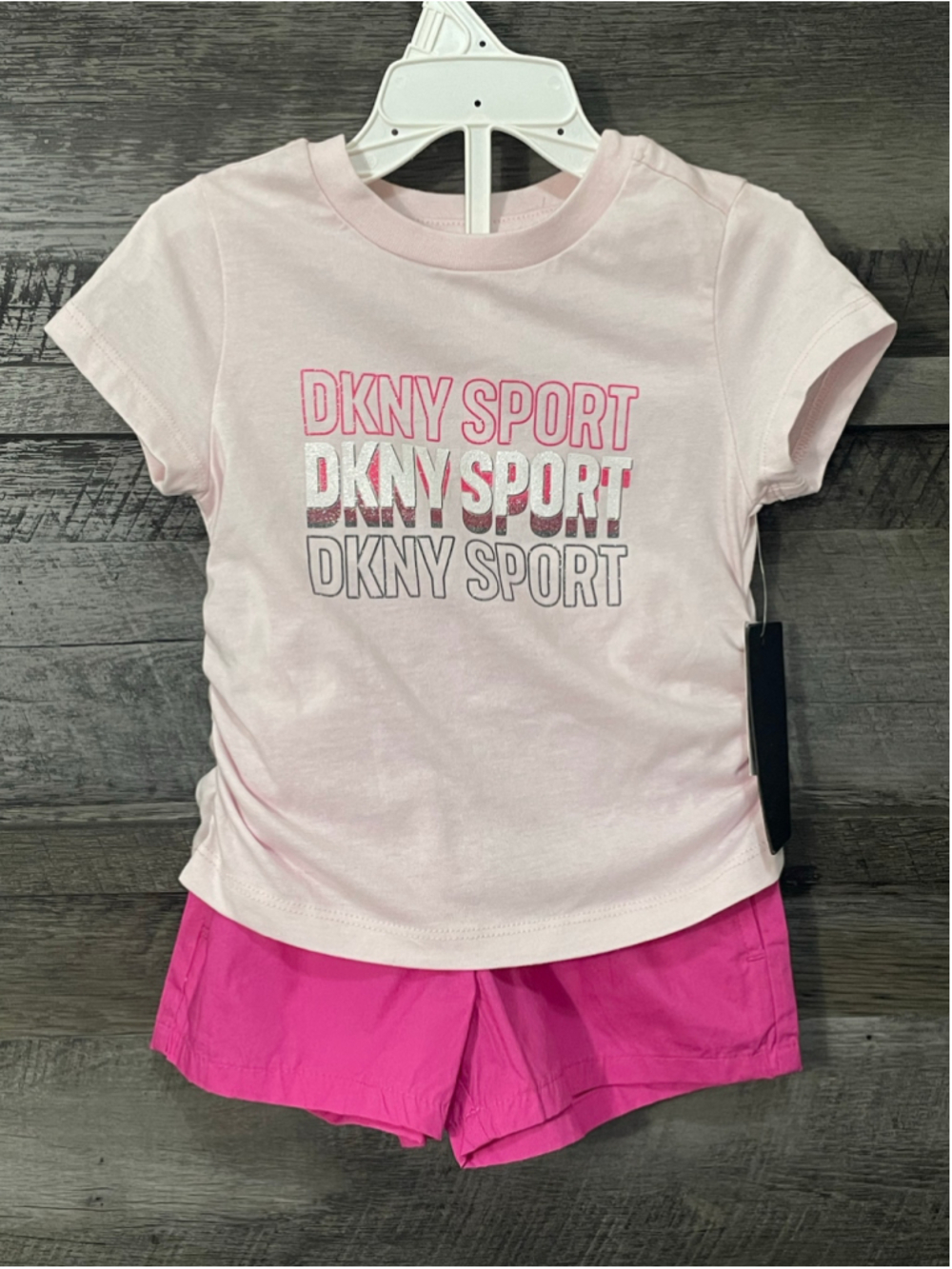 NWT DKNY Sport Toddler Girls 2-Piece Short Set Pink Short Sleeve Logo Tee 2T